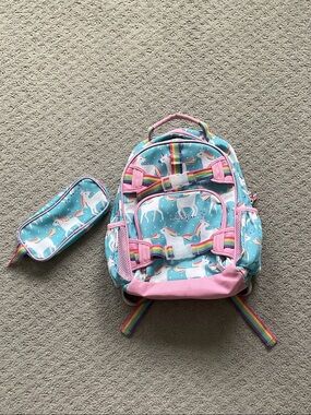 Pottery Barn Kids Aqua & Pink Unicorn Backpack and pencil case with Rainbows 565